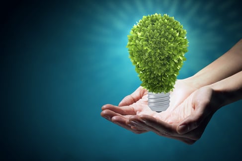 Hand holding eco light bulb energy concept