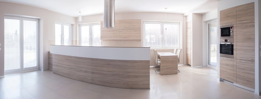 Panorama of functional kitchen island in spacious interior